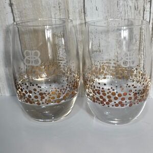 BaubleBar Stemless Wine Glasses Set of 2 Gold Confetti Dot Monogram Logo Clear